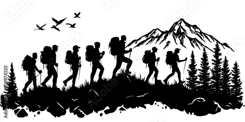A group climbing a mountain trail during a guided eco-tour focused on conservation, Vectorized Art