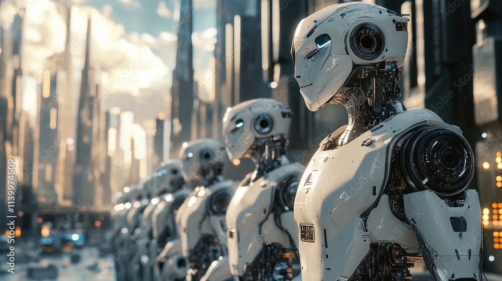 Fototapeta premium A Line Of Advanced Robots Stands In A Futuristic City