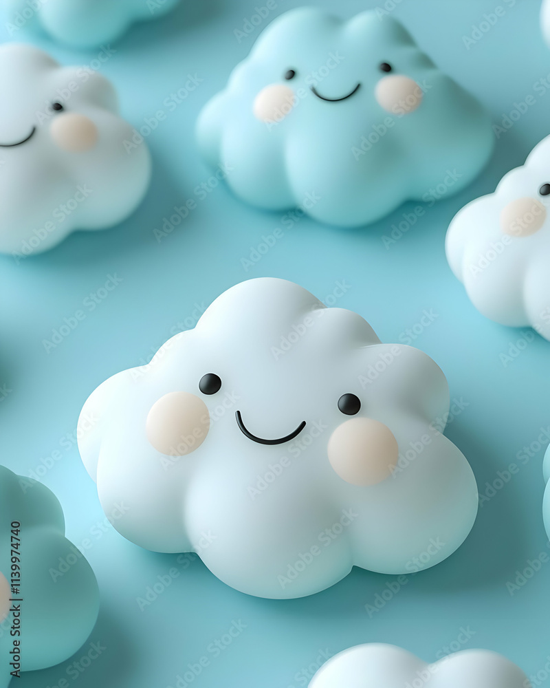 Smiling Clouds: 3D Render of Cute, Happy Cloud Characters Smiling Clouds: 3D Render of Cute, Happy Cloud Characters