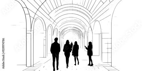 A group walking through a preserved castle while taking pictures of the stone architecture, Vectorized Art