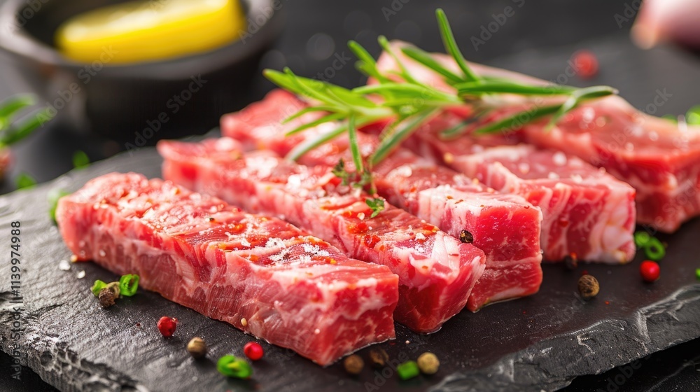 Savory raw beef strips garnished with herbs on a slate platter ready for grilling or cooking in the kitchen Savory raw beef strips garnished with herbs on a slate platter ready for grilling or cooking in the kitchen