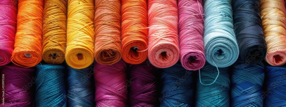 Colorful spools of thread arranged in vibrant patterns create an artistic display in a textile shop Colorful spools of thread arranged in vibrant patterns create an artistic display in a textile shop