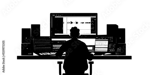 A person adjusting the levels of recorded vocals within a digital audio workstation, Vectorized Art