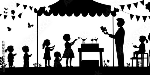 Performer showcasing a puppet show for children in a community center, Vectorized Art