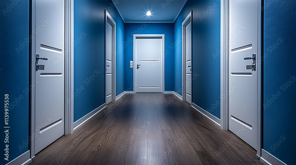 Serene Blue Hallway with White Doors, A Pathway to Mystery and Tranquility, Leading to Unseen Rooms with Intriguing Potential. Serene Blue Hallway with White Doors, A Pathway to Mystery and Tranquility, Leading to Unseen Rooms with Intriguing Potential.