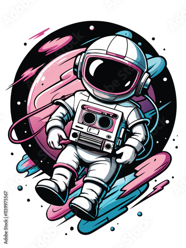 A cute chibi astronaut, in a spacesuit, floats weightlessly, happily holding a vintage cassette tape. Starry backdrop.