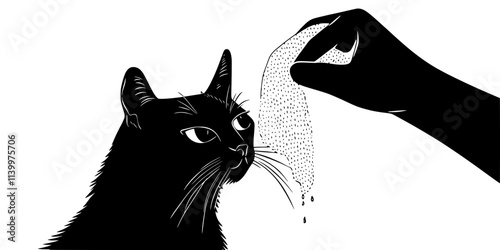 Person drying a wet cat with a towel, gently patting the fur to prevent discomfort, Vectorized Art