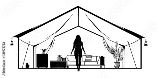 A person entering a spacious tent with furniture and decor inside, Vectorized Art