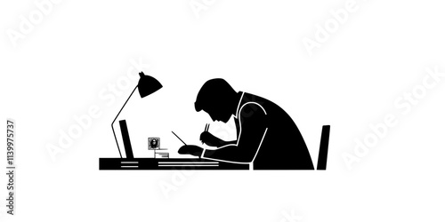 A person examining a revenue stamp using tweezers in a quiet study, Vectorized Art