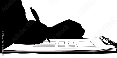 Person filling out grammar exercises in a language coursebook, pen on paper, Vectorized Art