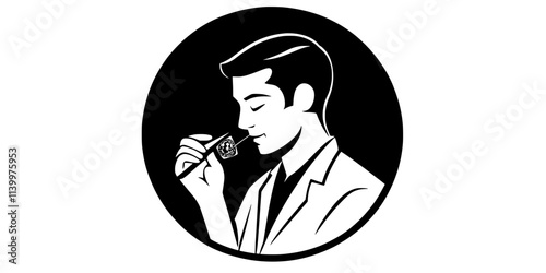 A person holding a rare stamp with tweezers, inspecting it closely, Vectorized Art