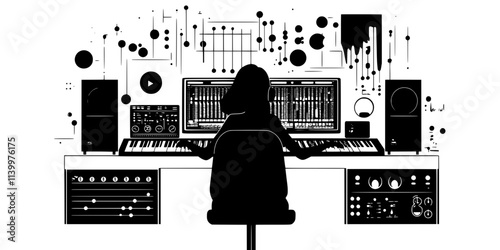 Person balancing multiple instruments across different audio channels, Vectorized Art