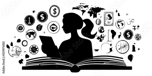 Person organizing their collection of world currency coins in a book, Vectorized Art