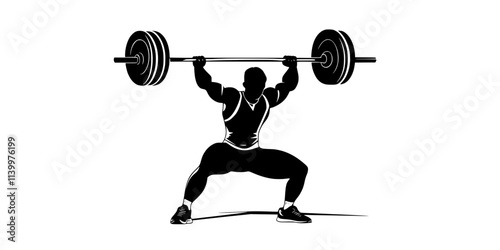 Person performing a power clean, lifting a barbell from the floor to their shoulders, Vectorized Art
