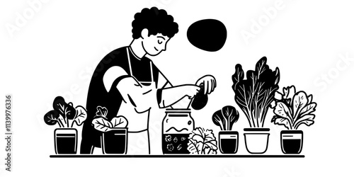 A person placing vegetables in a jar for fermenting in brine, Vectorized Art
