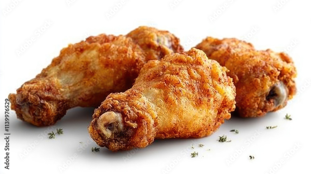 Three crispy fried chicken drumsticks. Three crispy fried chicken drumsticks.