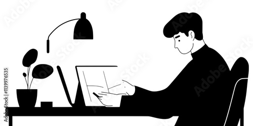 A person reading an online language exercise on their phone, Vectorized Art