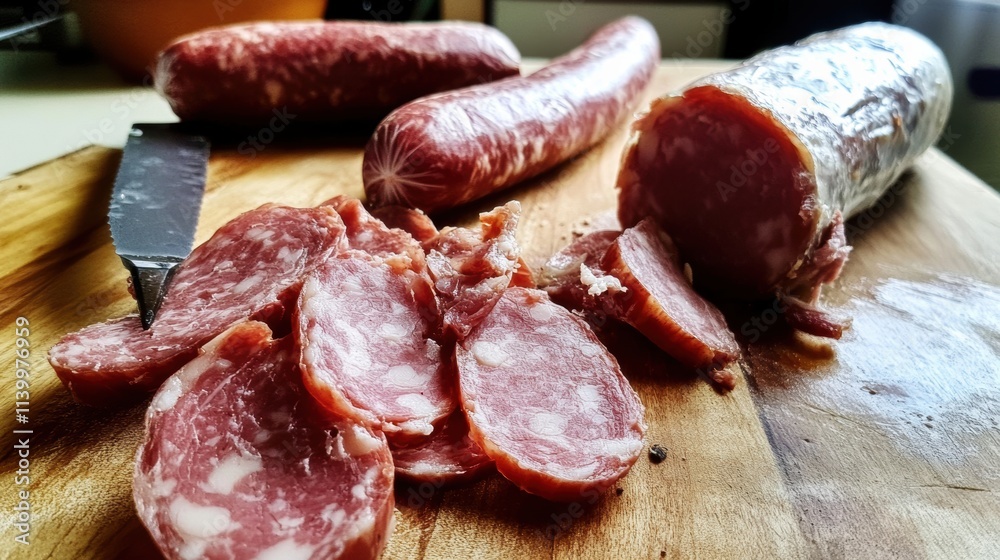 Assorted cured and smoked sausages sliced on a rustic wooden board, featuring various types of salami, ham, and gourmet meats with marbled textures and hearty presentation for charcuterie and culinary Assorted cured and smoked sausages sliced on a rustic wooden board, featuring various types of salami, ham, and gourmet meats with marbled textures and hearty presentation for charcuterie and culinary