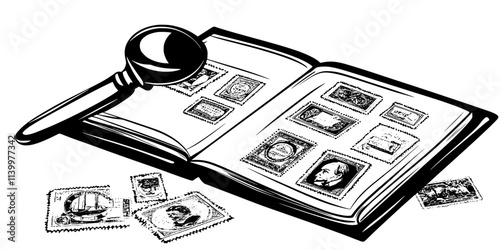 A set of stamps neatly displayed on an album page resting on a table, Vectorized Art