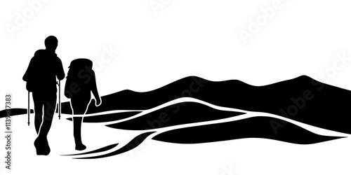 A single person hiking on a trail stretching into the distance, Vectorized Art