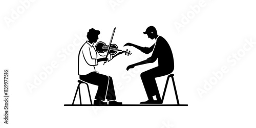 Student learning violin with guidance from a skilled teacher, Vectorized Art