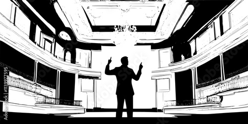 A tenor rehearsing a powerful vocal passage in a grand opera house, Vectorized Art