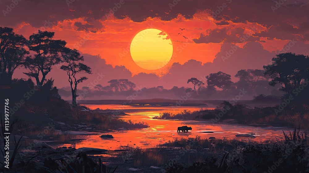 African Sunset Landscape With Rhino Silhouette African Sunset Landscape With Rhino Silhouette