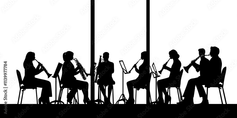 A woodwind ensemble collaborating on a new arrangement in a rehearsal space, Vectorized Art