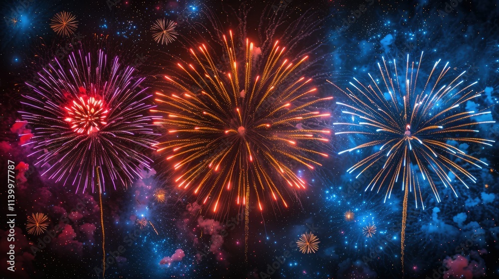 Fototapeta premium Vibrant fireworks display lighting up the night sky in various colors.