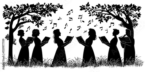 Vocal ensemble performing at a charity concert in a park, Vectorized Art