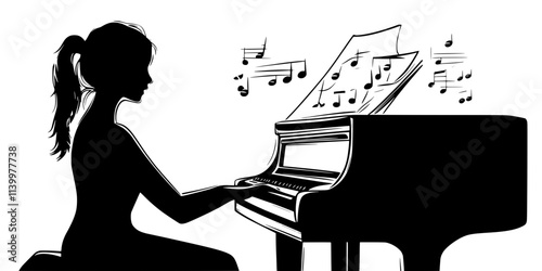 A vocal teacher using a piano to assist students with pitch during practice, Vectorized Art
