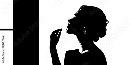 Woman trying on a pair of antique earrings in a quiet room, Vectorized Art