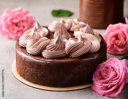 A decadent chocolate cake with buttercream icing and pink icing flowers sits on a table, surrounded by elegant tableware and a floral tablecloth, bathed in warm afternoon light.