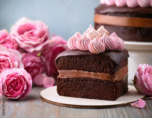 A decadent chocolate cake with buttercream icing and pink icing flowers sits on a table, surrounded by elegant tableware and a floral tablecloth, bathed in warm afternoon light.