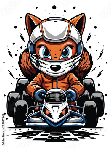 Adorable chibi fox wearing racing helmet and overalls, intensely focused, driving a tiny, detailed race car.