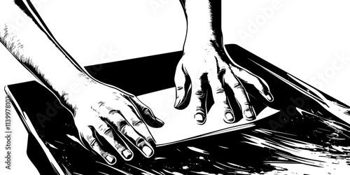 Artist pressing paper onto an inked lithographic stone for transferring designs, Vectorized Art