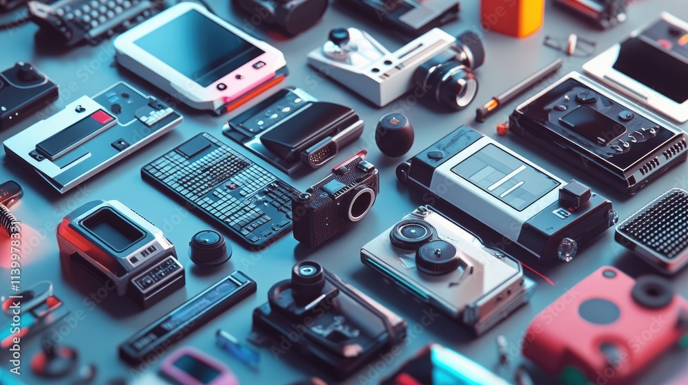 Retro Futuristic Gadgets Arranged On A Surface Retro Futuristic Gadgets Arranged On A Surface