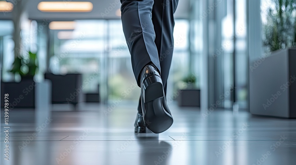 Fototapeta premium Man walking in tailored trousers and black formal shoes on a sleek office floor, emphasizing professionalism.