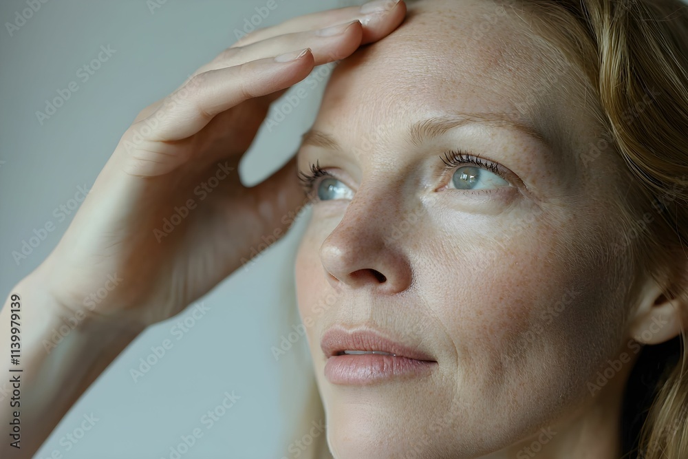 Woman reflecting thoughtfully with hand on forehead in serene indoor environment Woman reflecting thoughtfully with hand on forehead in serene indoor environment
