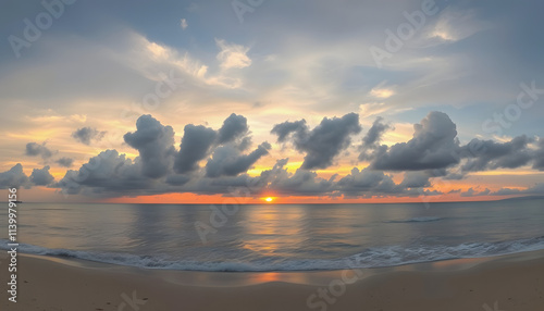 Panorama of sunset at Chaung Tha beach. Cloudy sky. Ending hour at seaside isolated . Shades of white., png