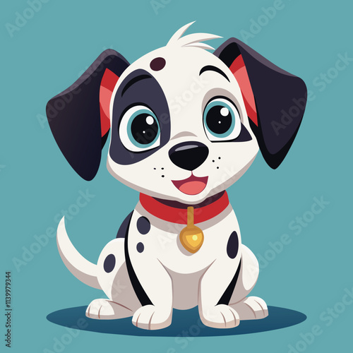 Cute chubby cartoon dalmatian dog character black and white coloured with a red collar sitting straight on blue background 
