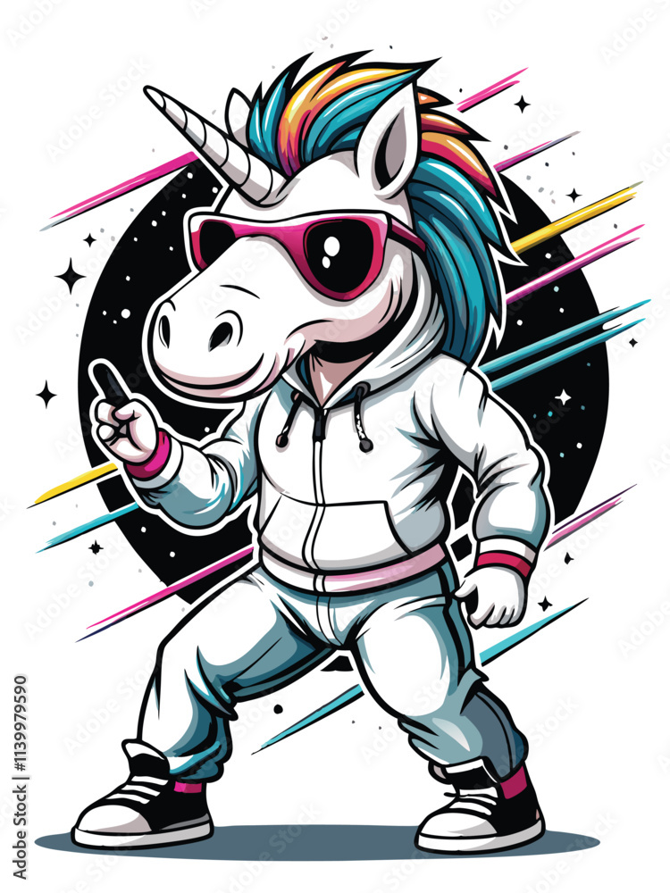 Adorable chibi unicorn in a vibrant tracksuit joyfully dances under a starry night sky. Adorable chibi unicorn in a vibrant tracksuit joyfully dances under a starry night sky.
