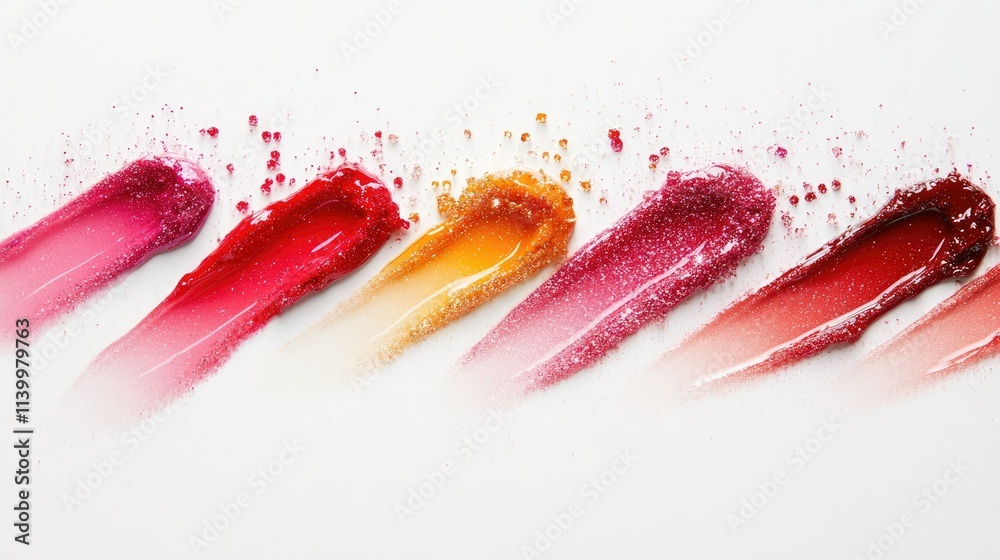 Minimalist composition of clear lip oil swatches with a hint of glitter, placed on a matte white background. Minimalist composition of clear lip oil swatches with a hint of glitter, placed on a matte white background.