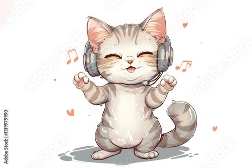 Illustration of cute striped gray kitty wearing headphones