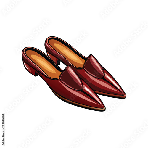 Image of elegant, glossy-finished pointed-toe mules; showcasing chic design & luxurious material.  High-resolution close-up shot emphasizing the shoes' sleek silhouette.