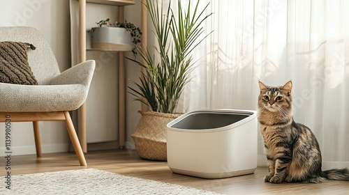 Modern, covered litter box in a stylish corner of a room, with a cat curiously sitting beside it. photo