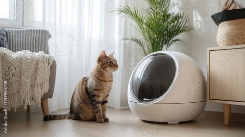 Modern, covered litter box in a stylish corner of a room, with a cat curiously sitting beside it. photo