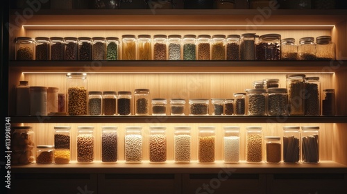 Organized pantry shelves filled with various dry goods in glass jars photo