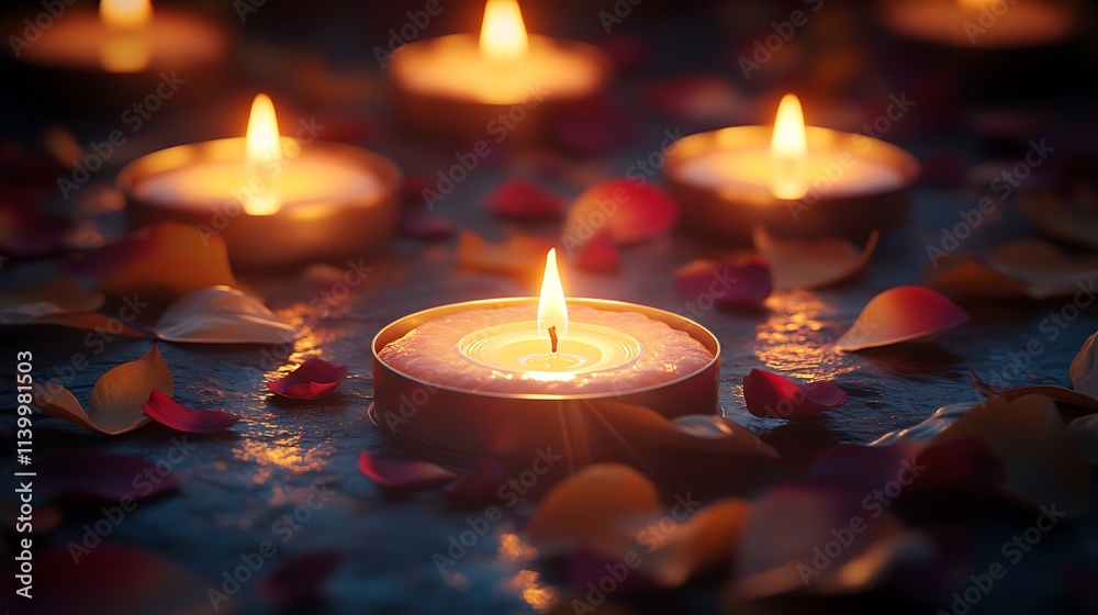 A serene scene of a circle of candles glowing in the dark, surrounded by petals and leaves, the flames flickering gently, warm golden tones creating a peaceful and mystical atmosphere, A serene scene of a circle of candles glowing in the dark, surrounded by petals and leaves, the flames flickering gently, warm golden tones creating a peaceful and mystical atmosphere,