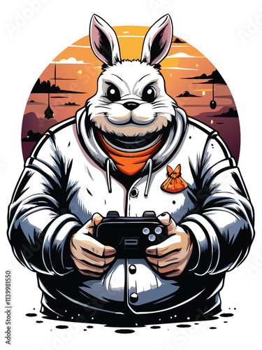 A cute, chubby bunny wearing a vintage varsity jacket, clutching an old-fashioned school satchel.